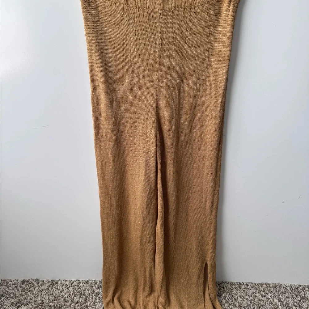 ZARA Knit High Rise Brown Linen Blend Leg Slits Wide Leg‎ Pants Size Small NWT